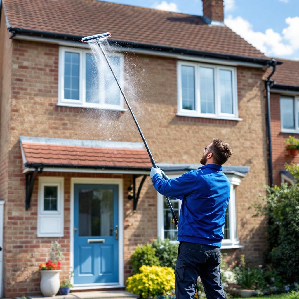 Man washes house windows with long pole, spraying water. Brick house, blue door, sunny day.