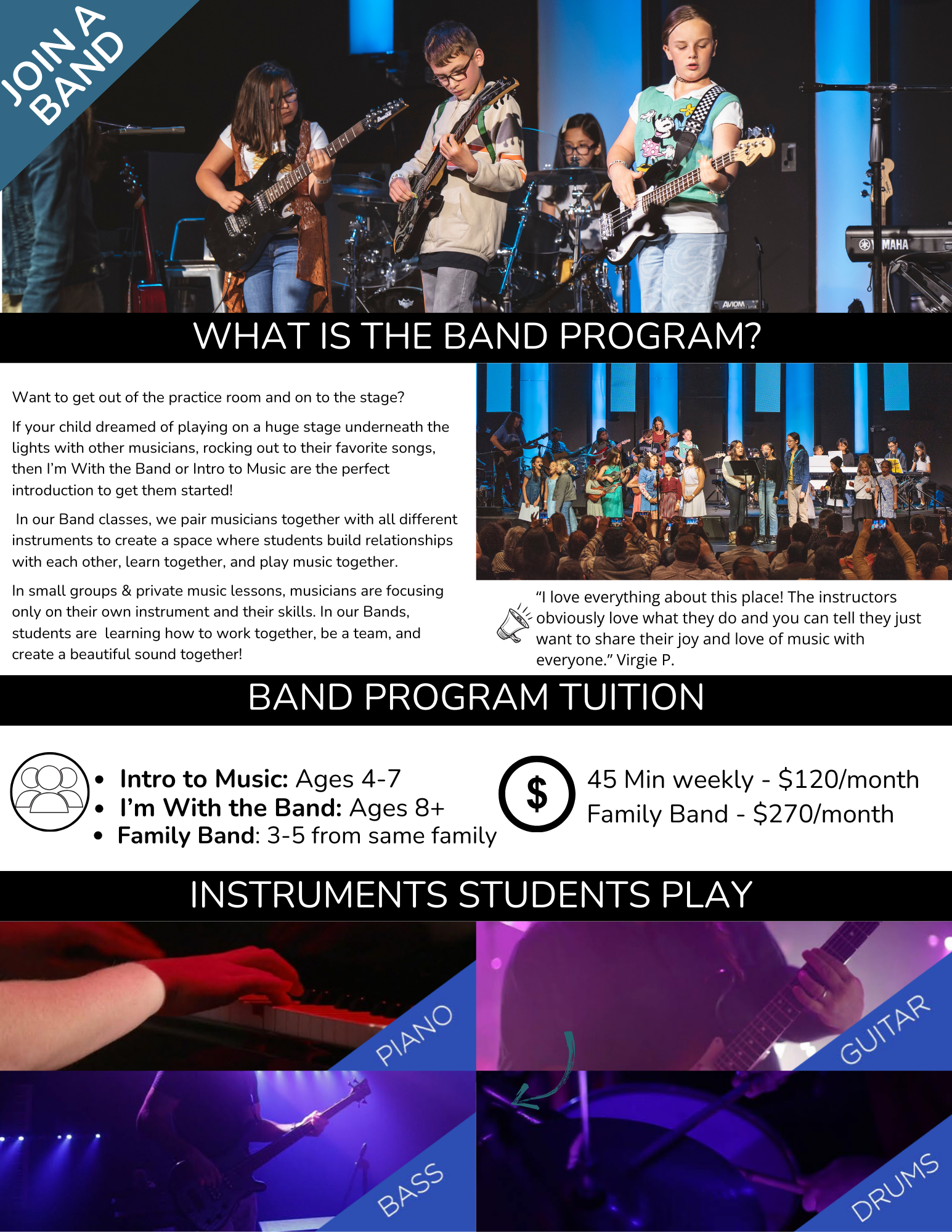 A poster that says `` perform in our concerts '' and '' understanding our policies ''.