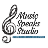 A logo for music speaks studio with a treble clef