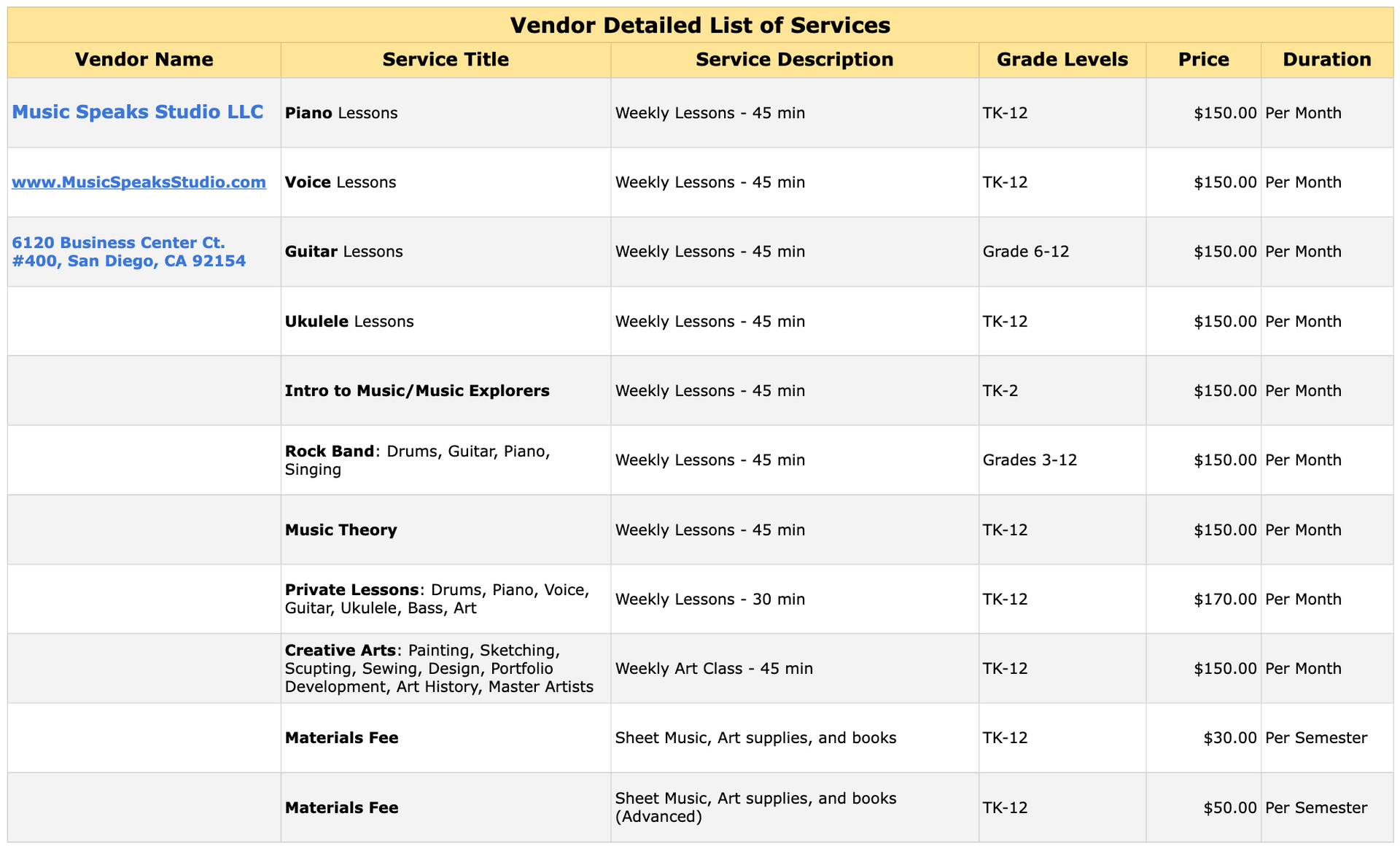 Table listing vendor services, including vendor name, service date, description, grade levels, and price.