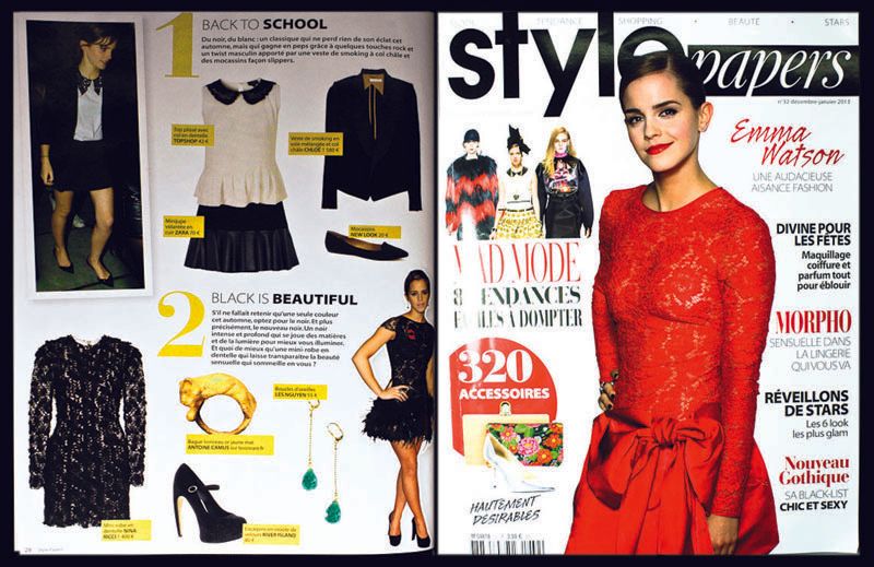 Une femme en robe rouge est sur la couverture d'un magazine