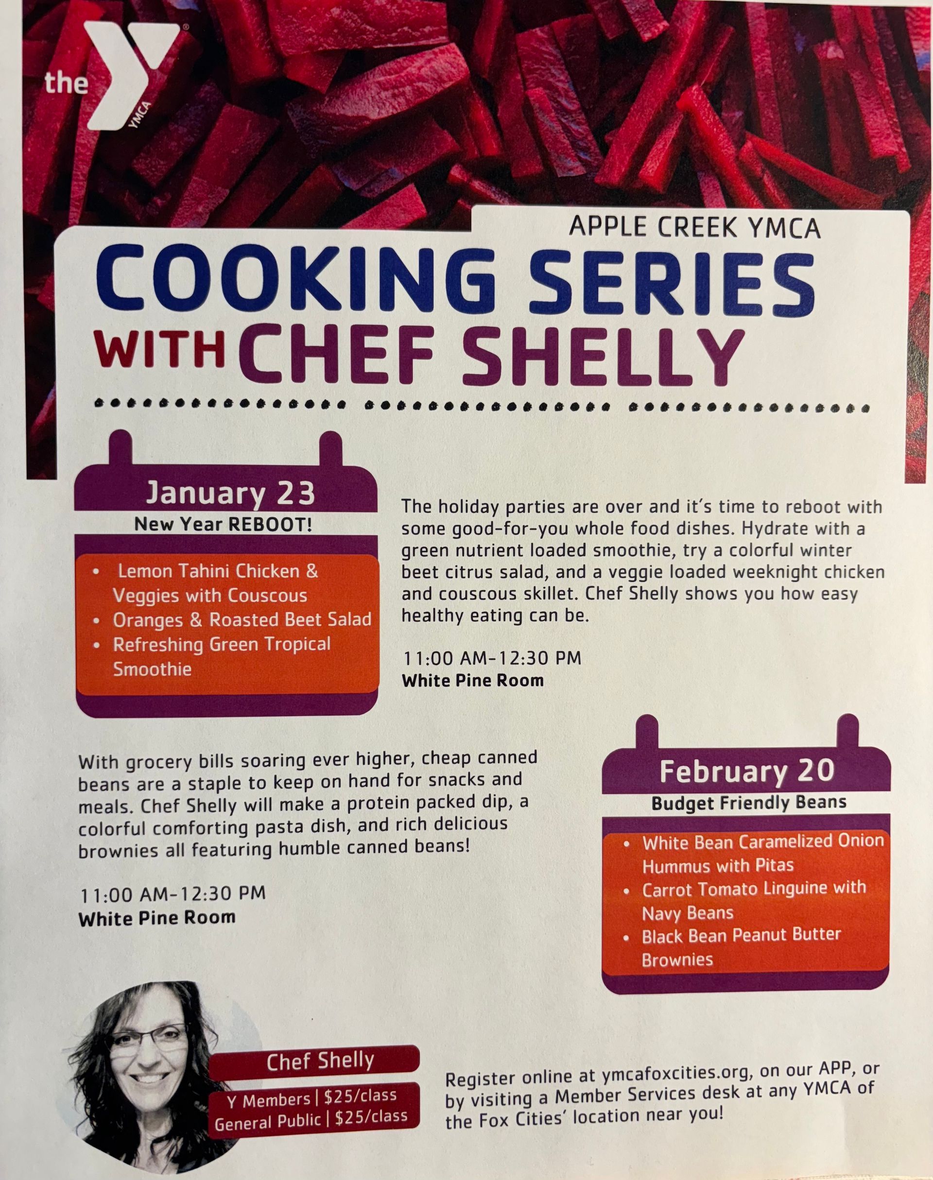 Cooking series flyer with Chef Shelly, January and February dates, YMCA logo.