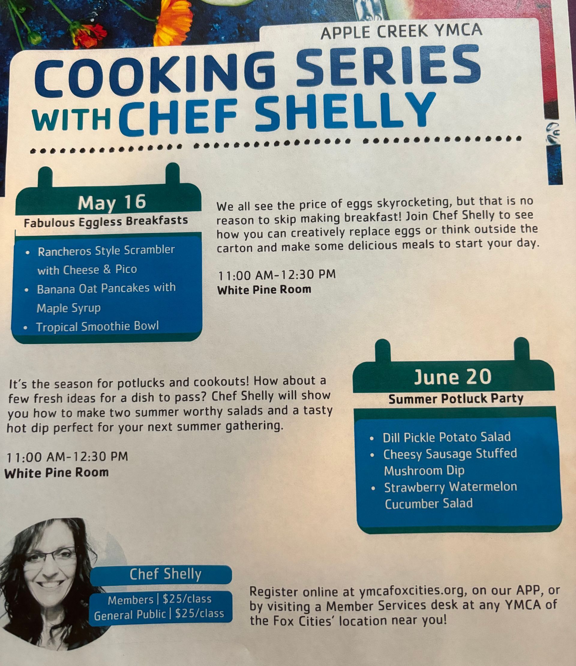 A flyer for a cooking series with chef shelly