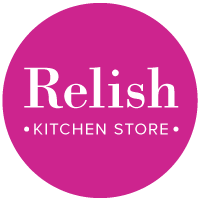 The relish kitchen store logo is in a pink circle.