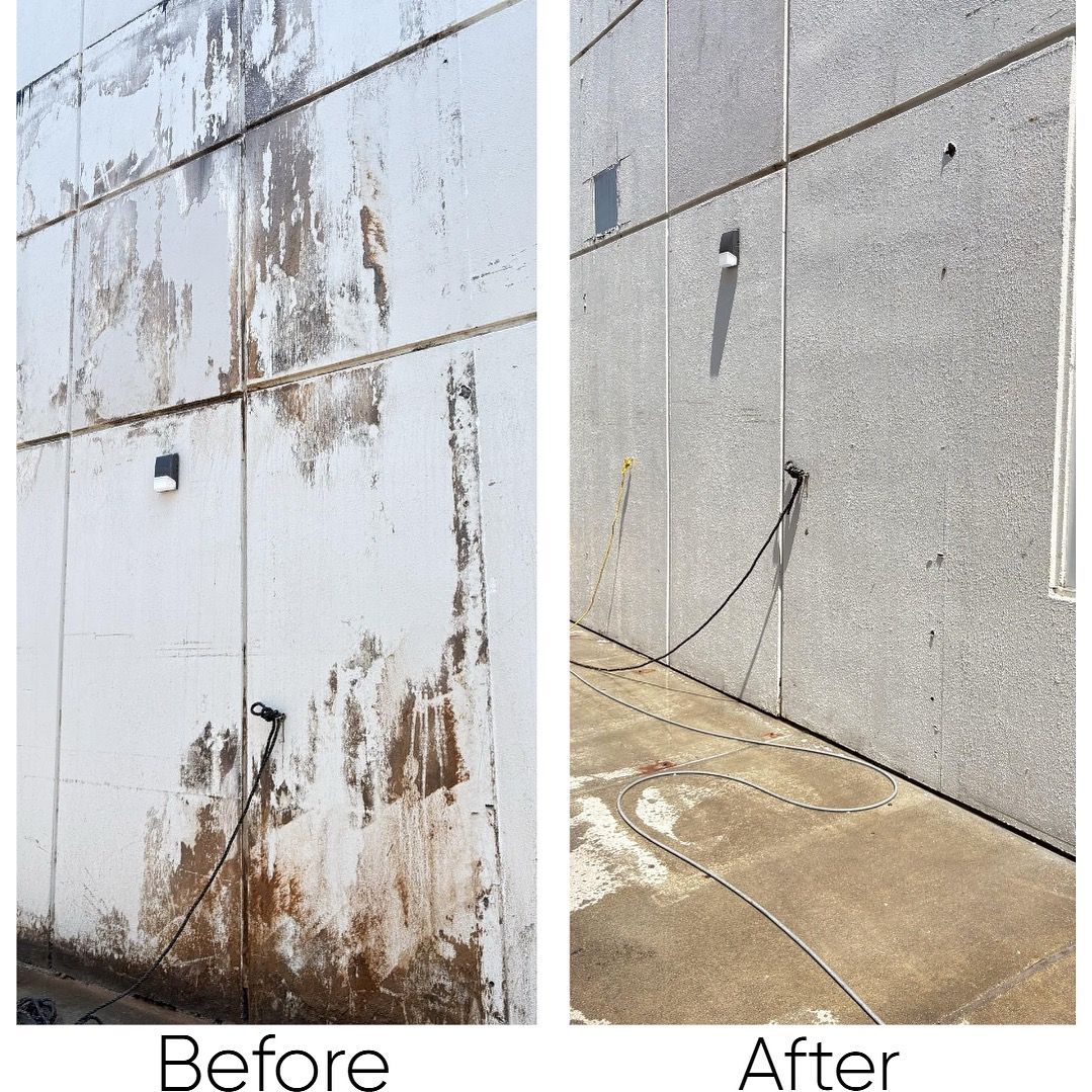 Before and after comparison of a concrete wall, showing significant cleaning, with dark staining replaced by a lighter, cleaner appearance.