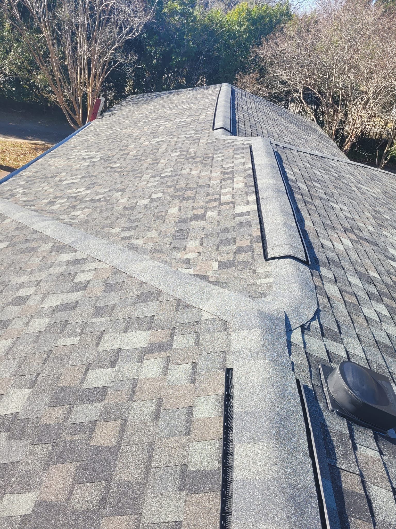 Overhead view of a gray asphalt shingle roof with several vents.  The setting is outdoors, surrounded by trees.