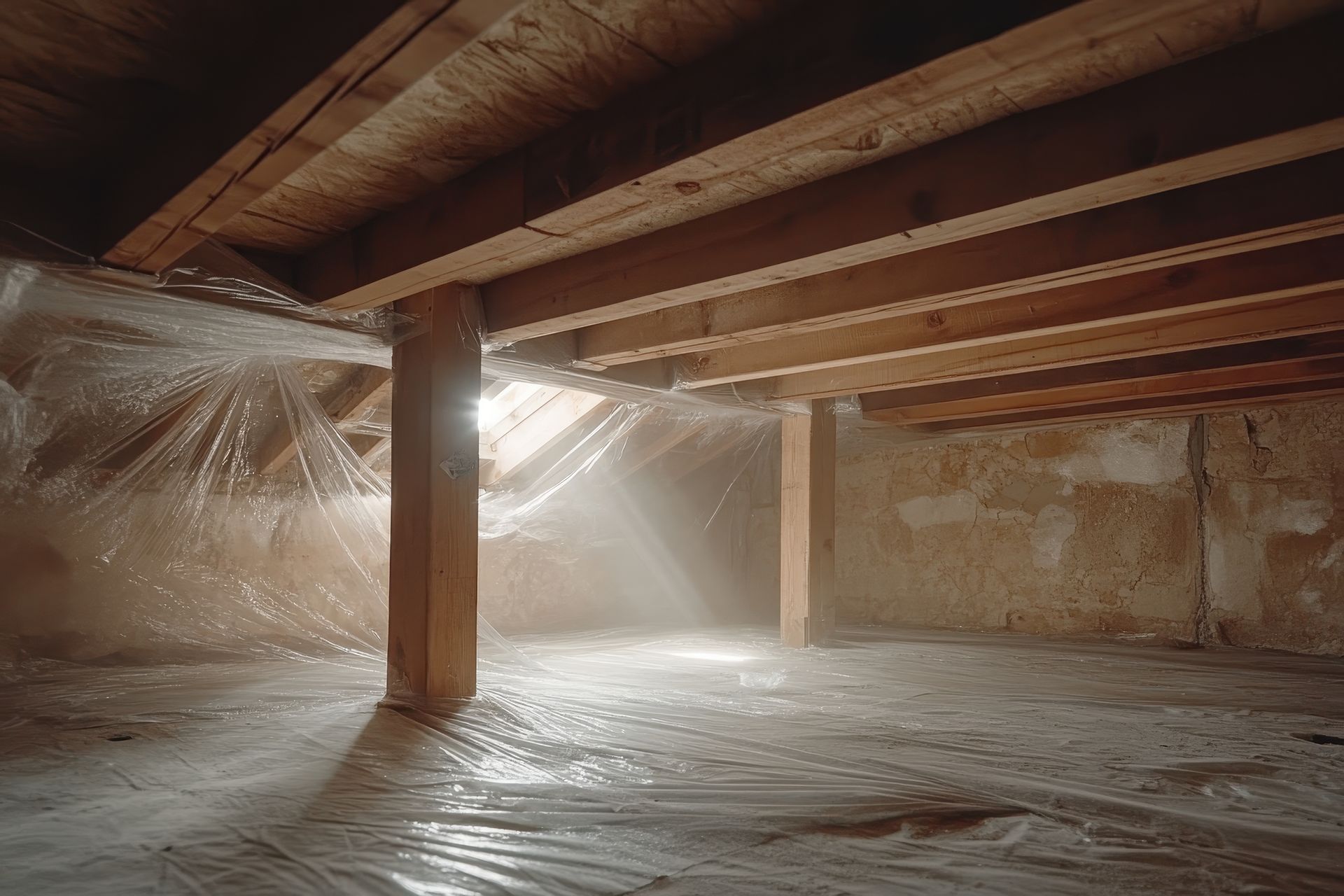 Sunlight streams into a crawl space with plastic sheeting on the floor and supporting beams.