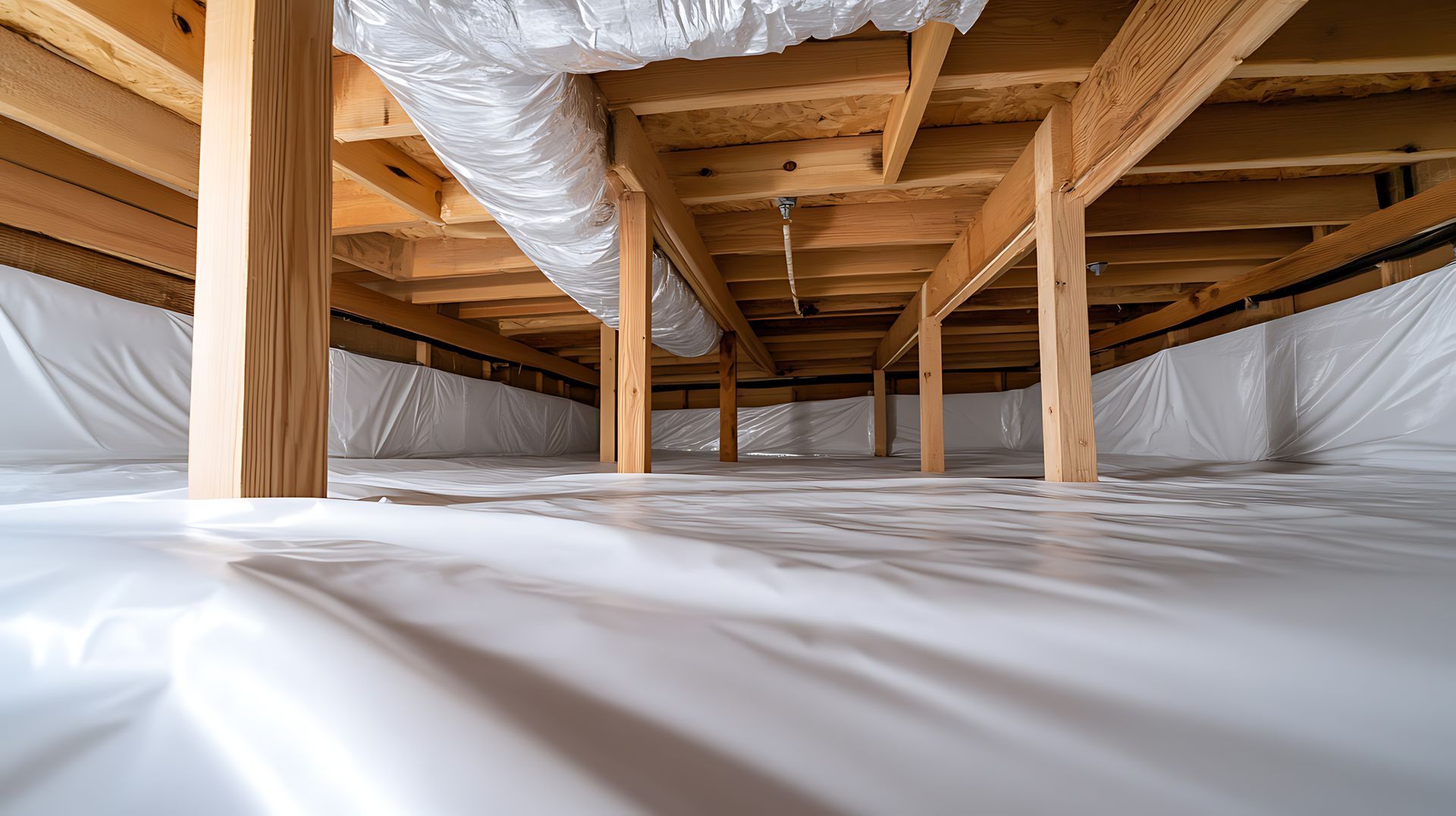 Crawlspace of a house, with wooden beams and white vapor barrier lining the floor and walls.