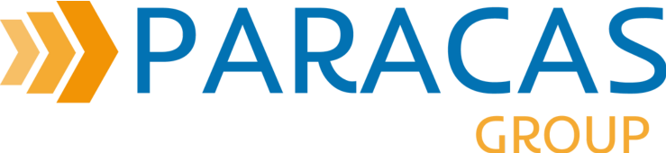 Logo con la scritta "PARACAS" in blu e frecce arancioni a sinistra; "GROUP" in oro in basso.