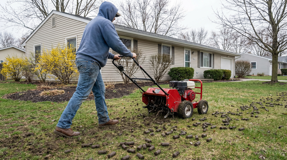 A well-manicured lawn with a fire hydrant in the foreground leads to a stone house under a clear, bright blue sky.
