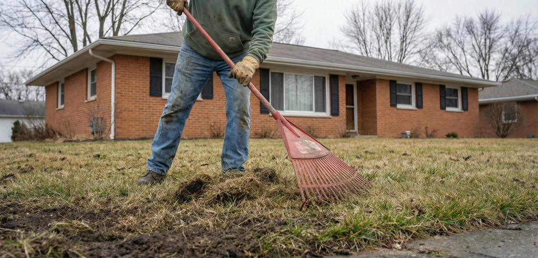 Lush green lawn with distinct, pale stripes from mowing patterns, set against a backdrop of mature trees.