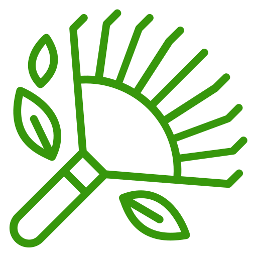 A green line-art icon of a lawn rake surrounded by several leaves.