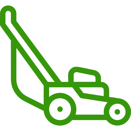 A green line-art icon of a lawnmower on a white background.