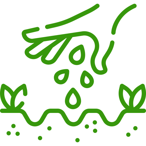 A green line-art icon of a hand scattering seeds onto soil between two small plants.