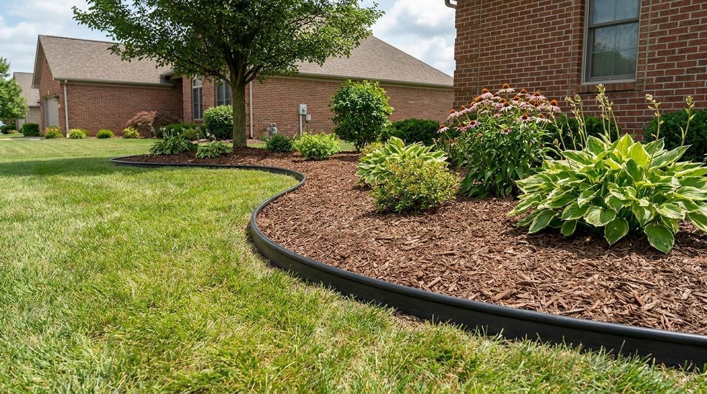 A large, rounded evergreen shrub sits next to a beige stucco house with brown shutters and a concrete walkway.