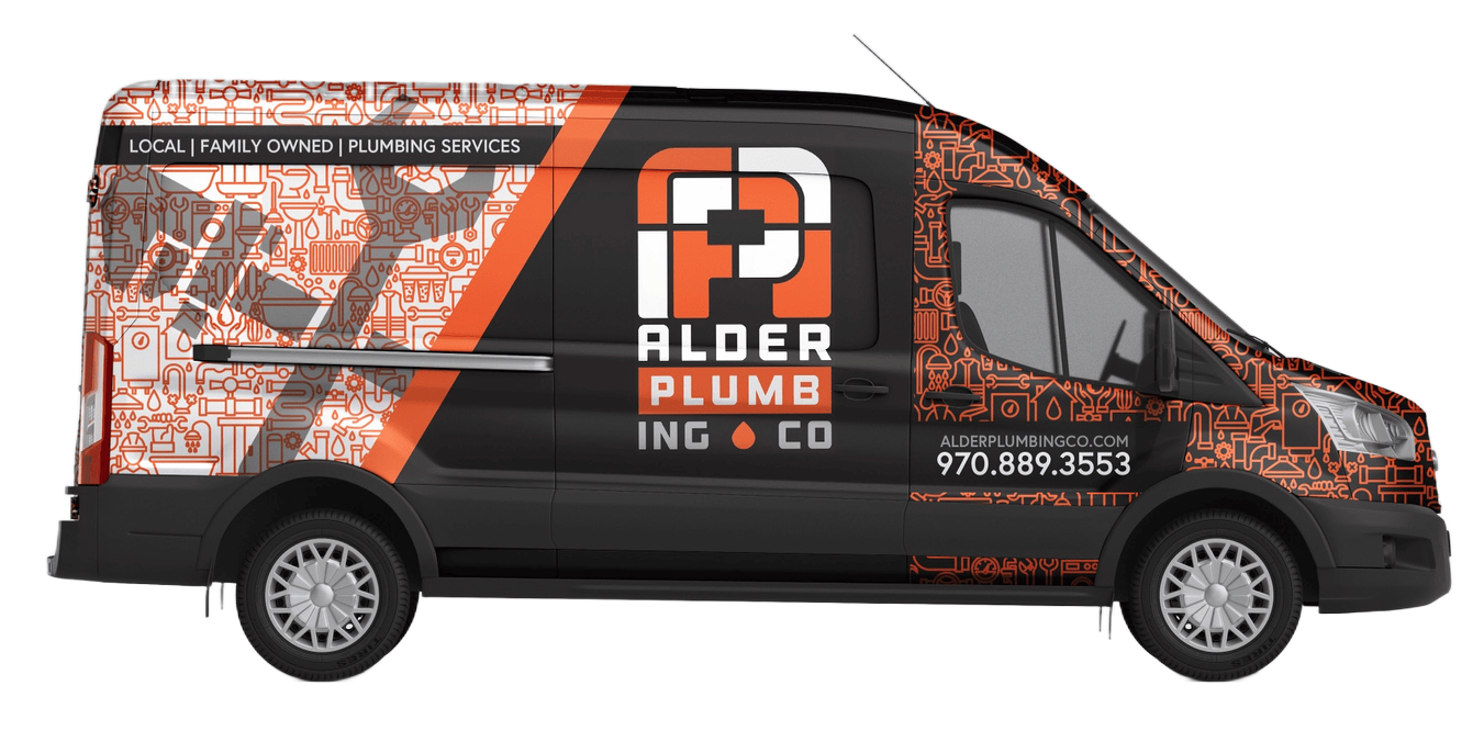 Black and orange Alder Plumbing van with logo and phone number.
