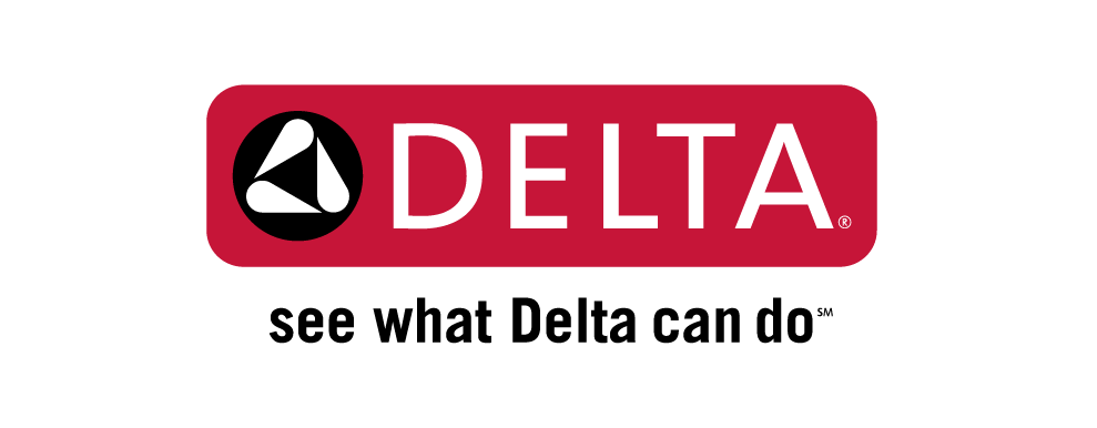 Delta logo: Red rectangle with white "DELTA" text and symbol, with tagline "see what Delta can do".