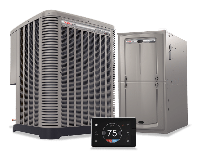 Outdoor HVAC unit with indoor unit and thermostat set to 75 degrees.