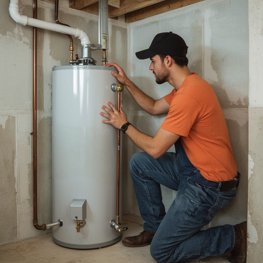 Person in orange shirt and jeans kneels by a water heater in a basement.