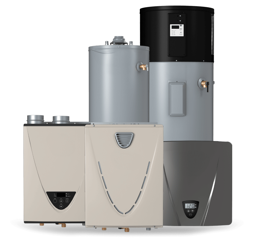 Assortment of water heaters: tank and tankless models in various colors, sizes, and designs.