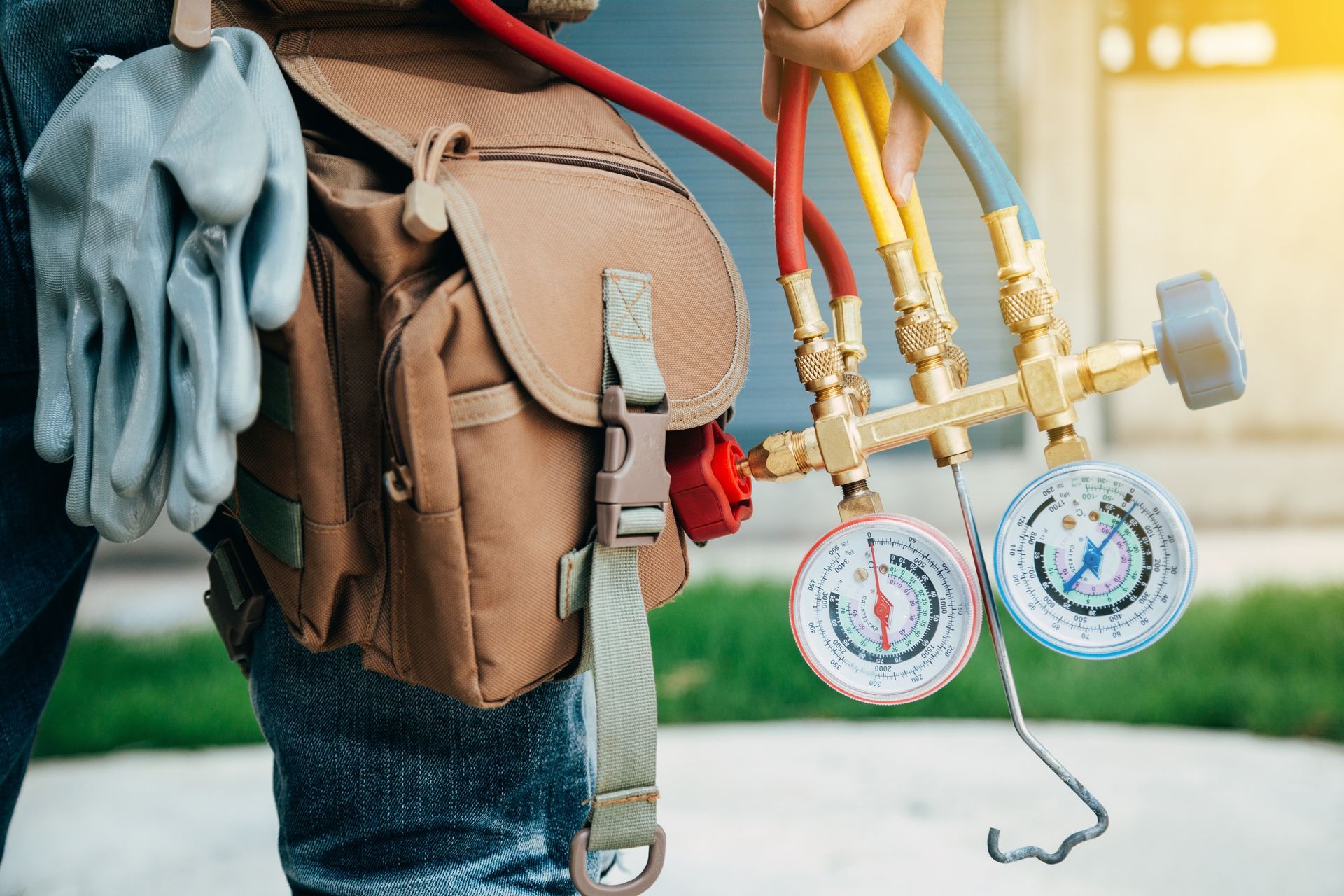 Technician holding HVAC gauges beside tool bag during air conditioning service.