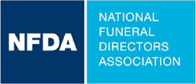 A blue and white logo for the national funeral directors association