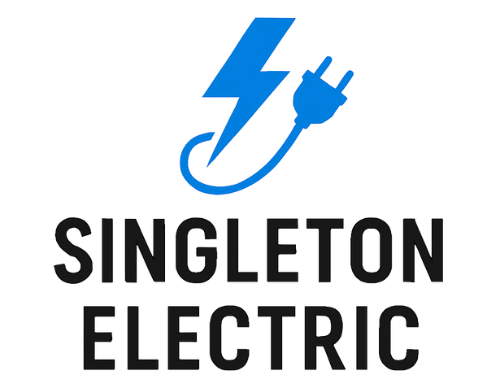The logo for singleton electric shows a lightning bolt and a plug.
