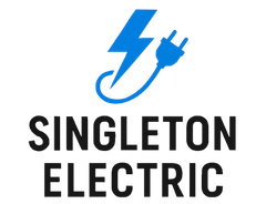 The logo for singleton electric shows a lightning bolt and a plug.