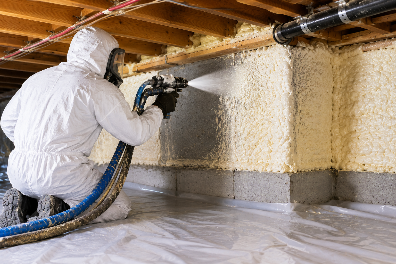 A spray foam installer applying insulation spray foam onto the concrete wall of a crawl space basement