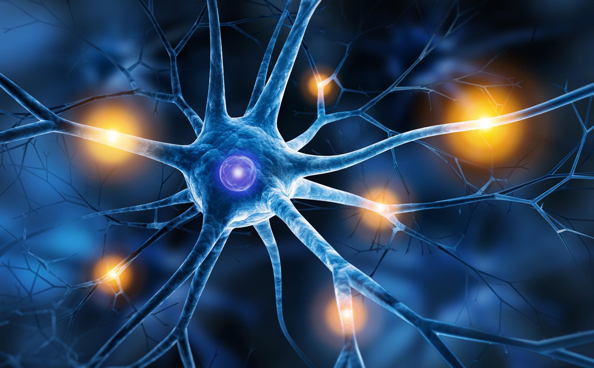 A computer generated image of a nerve cell with lights coming out of it.
