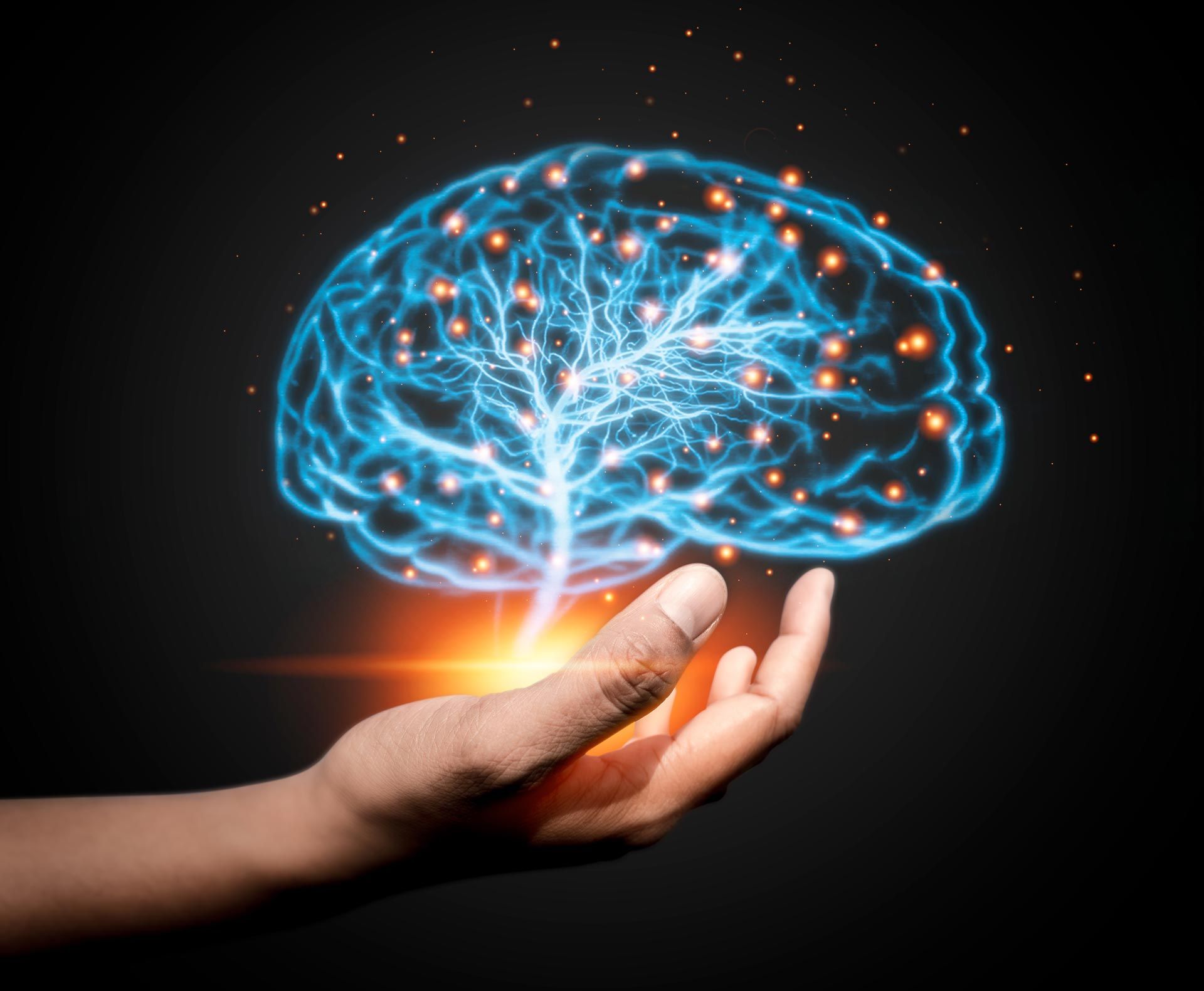 A hand is holding a glowing brain with a tree growing out of it.