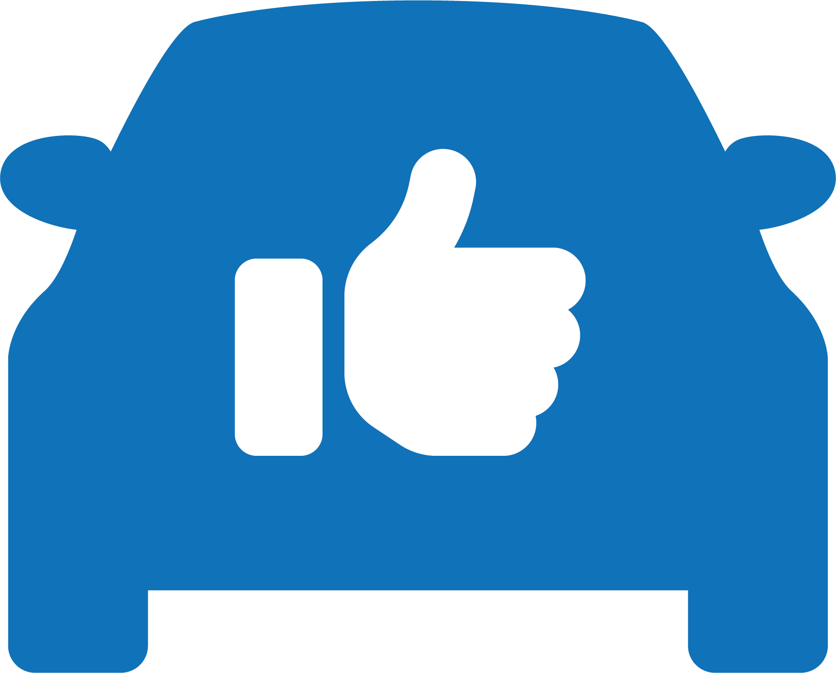 A blue car with a thumbs up sign on it.