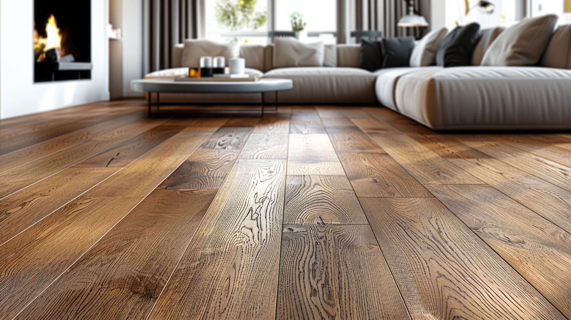 A living room with a wooden floor and a couch.