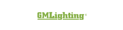 A green logo for gm lighting on a white background