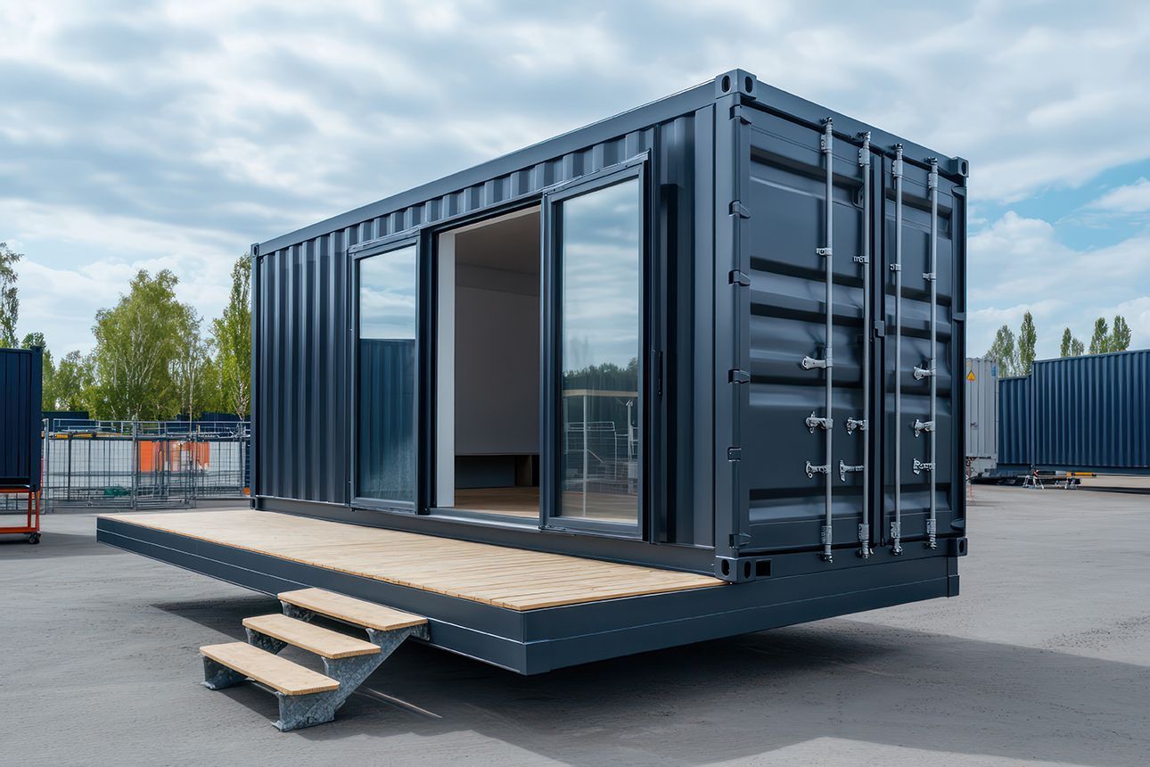 A desk with a computer on it in an office
