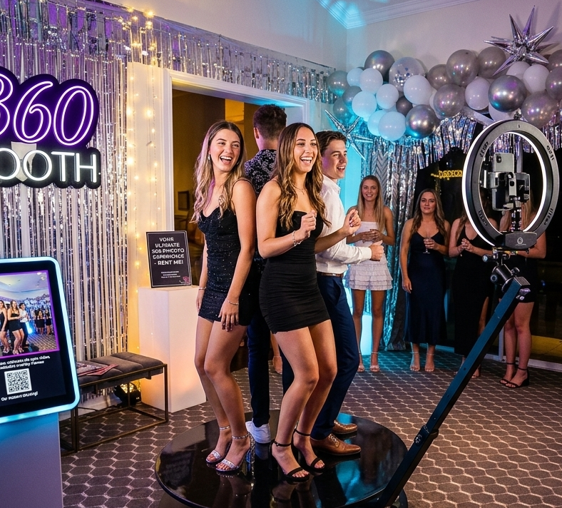 Guests enjoying a 360 video booth at a party.
