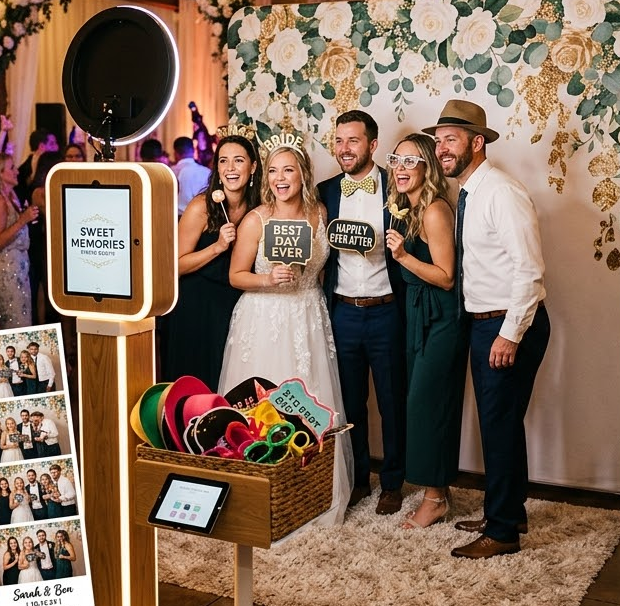 Wedding guests posing with a vintage ring light photo booth.