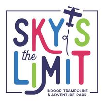 Sky's the Limit logo: Colorful text with a stylized airplane, promoting an indoor trampoline and adventure park.