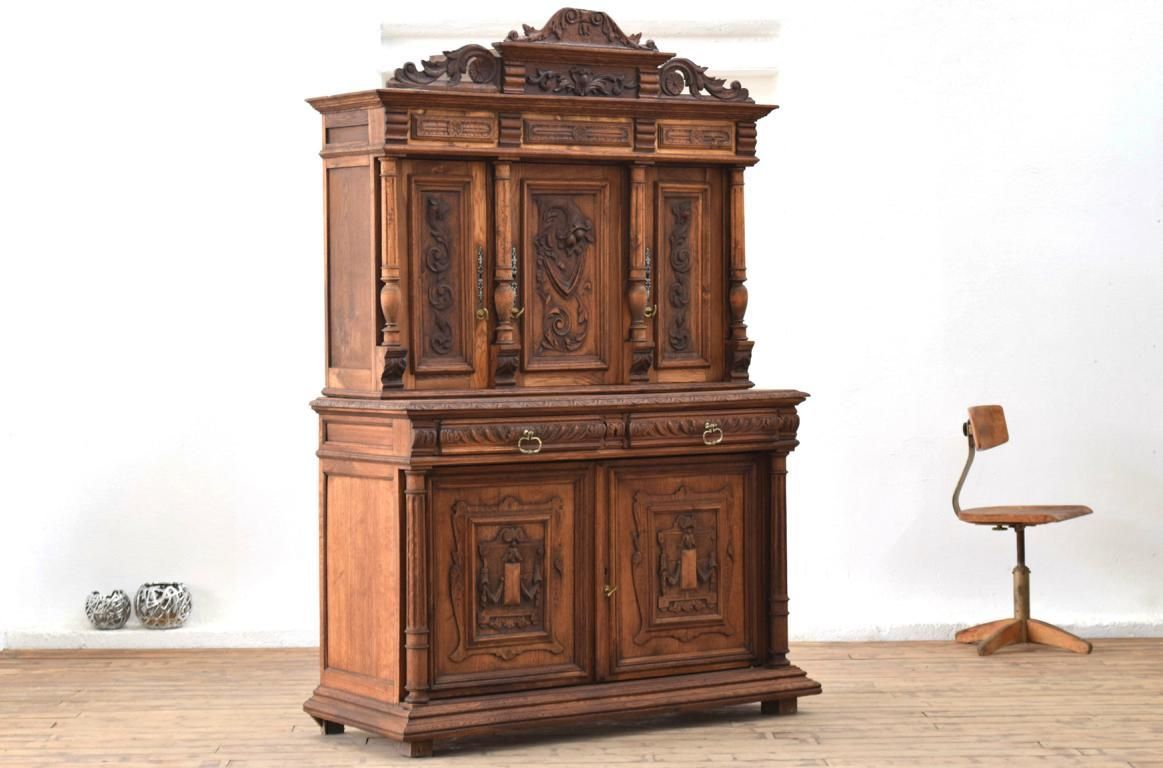 natürlicher Buffetschrank Frankreich Alt Antik Vintage Eiche massiv beschnitzt 1880