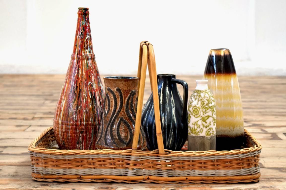 Set: Tablett mit 5 Vasen Antik Rustikal Alt Landhaus Vintage Rattan Kunsthandwerk