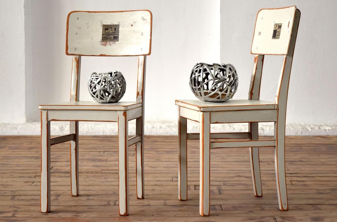 Set 2x Stuhl Shabby Grau-Weiß Antik Alt Vintage Holz Landhaus Massiv Mid Century 50er