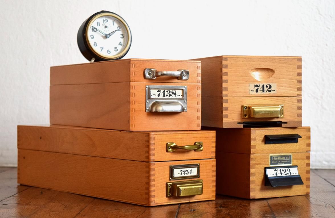 Set 4x Kiste mit Deckel Holz Antik Karteikasten Vintage Kasten Alt Mid Century
