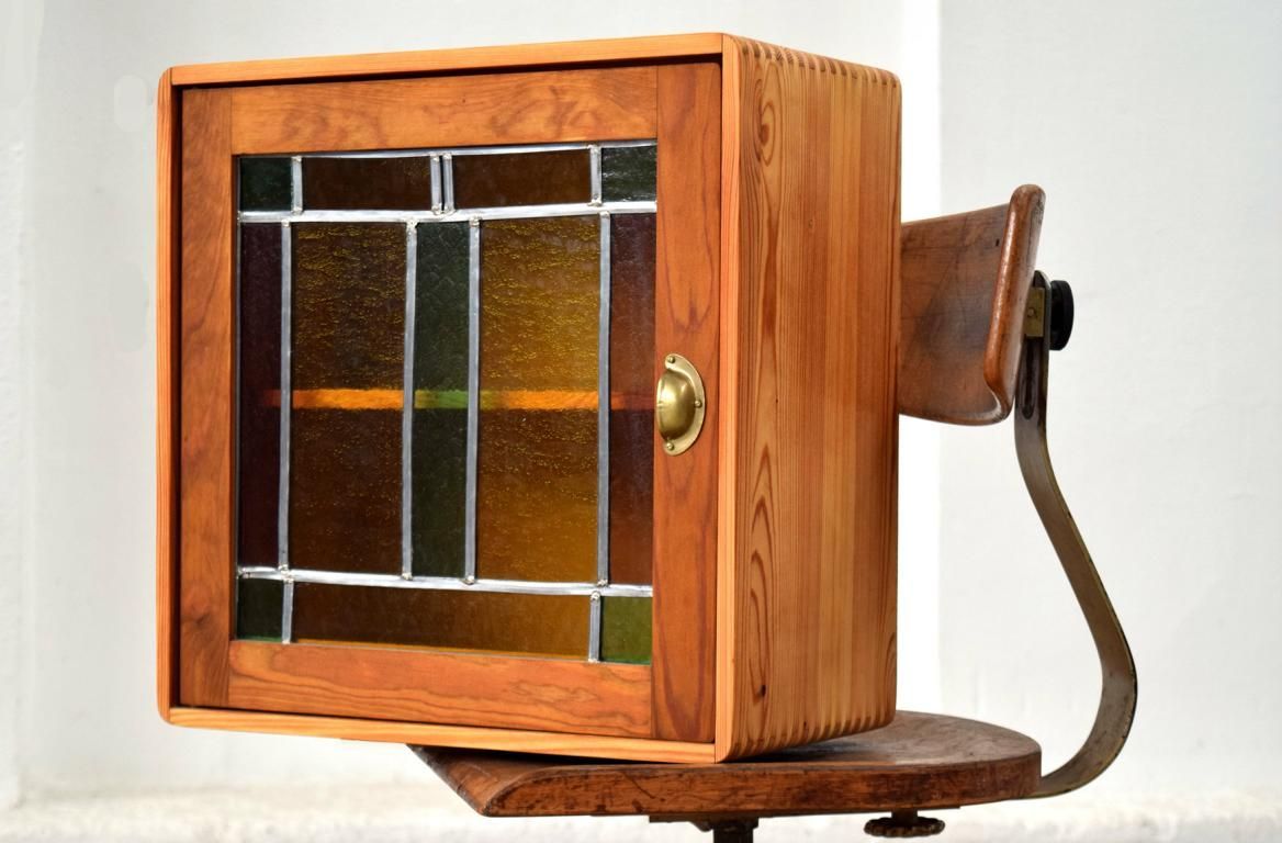 Wandschrank Bleiglasfenster Holz Antik Alt Vintage Hängeschrank Apothekerschrank Loft