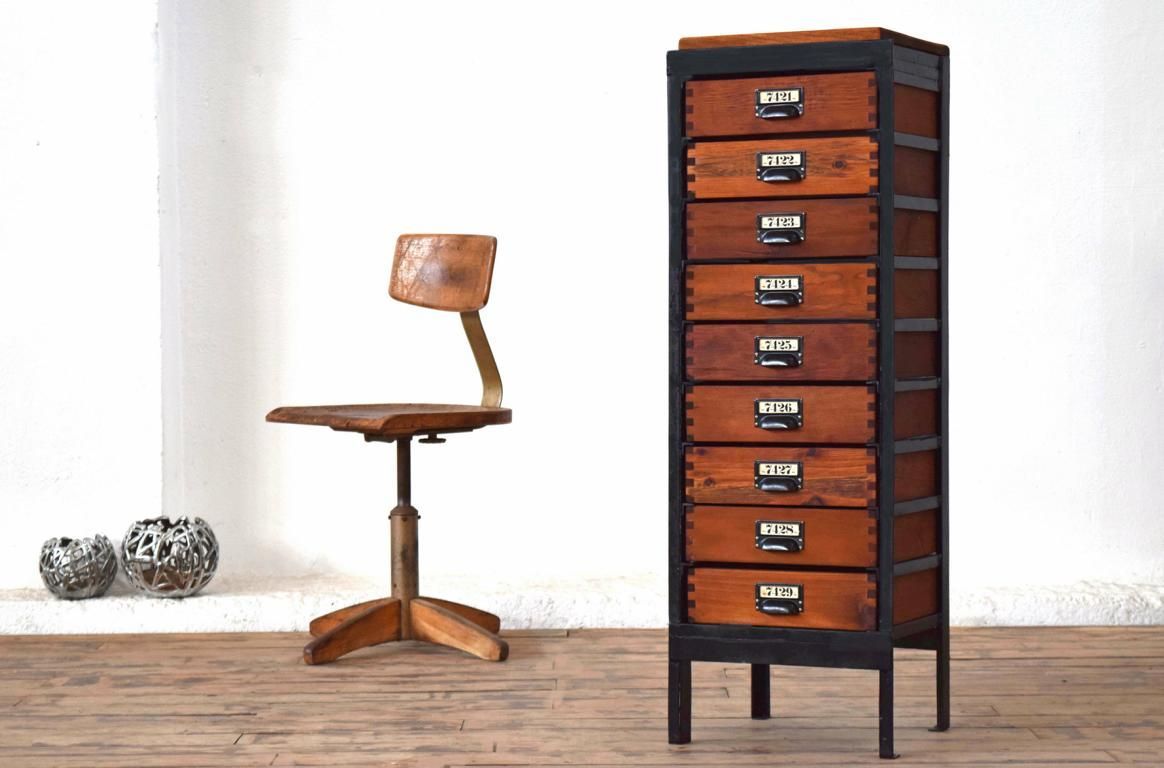 Schubladenschrank Metall Holz Antik Apothekerschrank Holz Fabrik Alt Schwarz Vintage