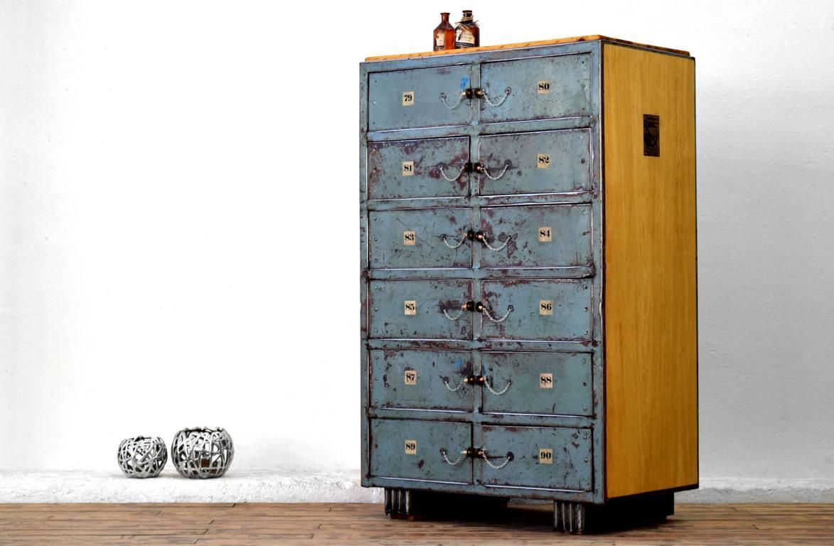 Klappenschrank Antik Holz Metall Alt Vintage Werkstattschrank Werkzeugschrank Shabby