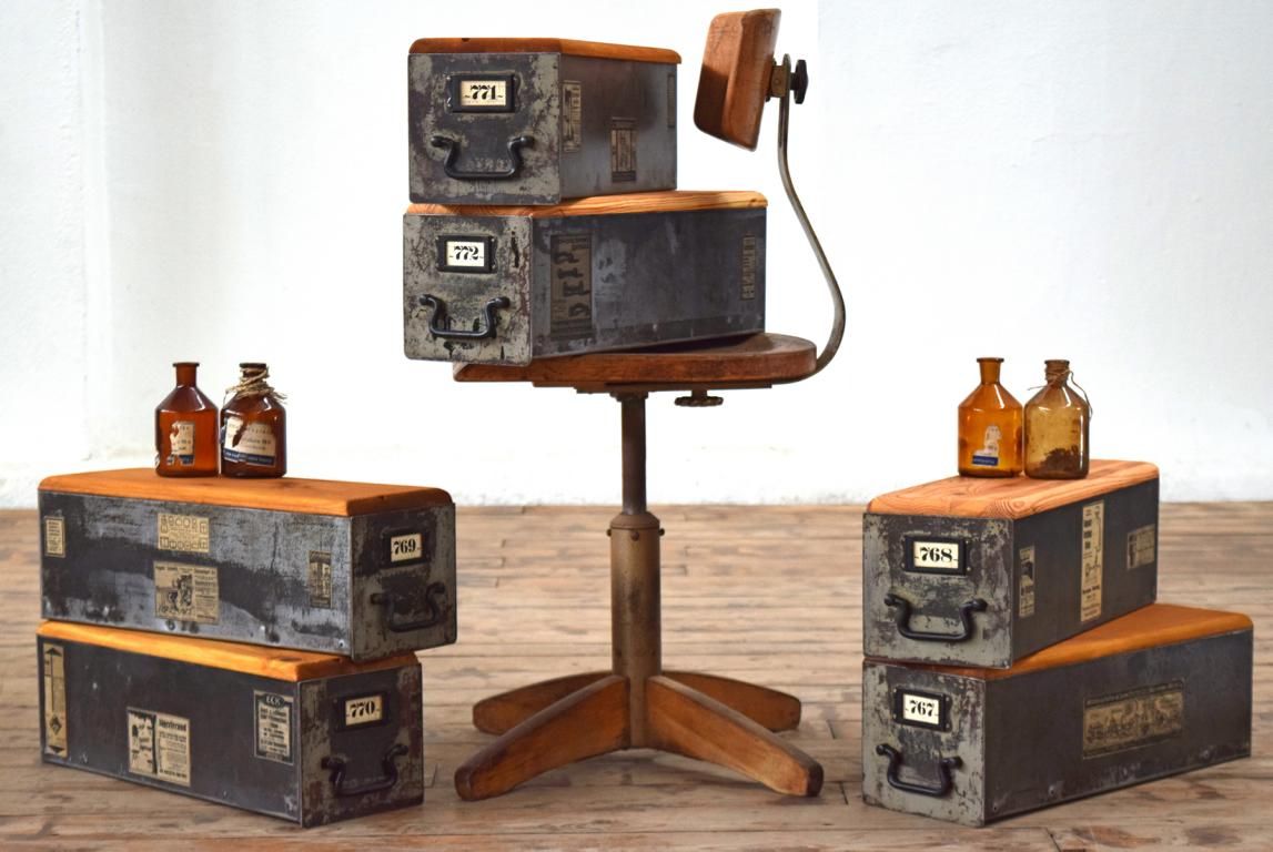 Set 6x Kiste mit Deckel Holz Antik Apotheker Vintage Kasten Alt Loft Metall Fabrik