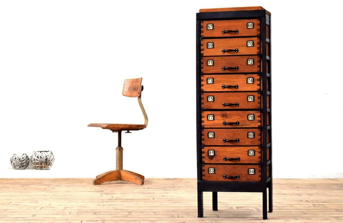 Schubladenschrank Bauhaus Antik Apothekerschrank Holz Fabrik Alt Metall Vintage