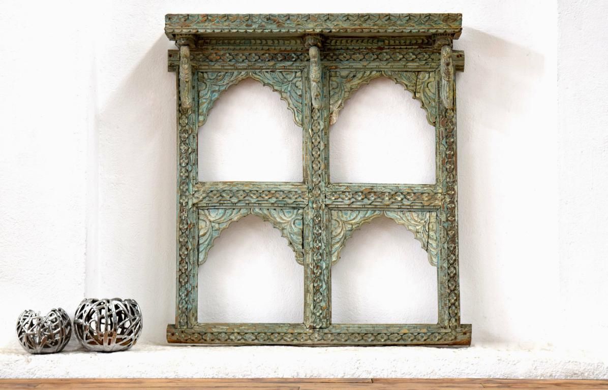 Sprossenfenster Palast Indien Antik Vintage Alt Rajasthan Haveli Teak Holz Grün Blau