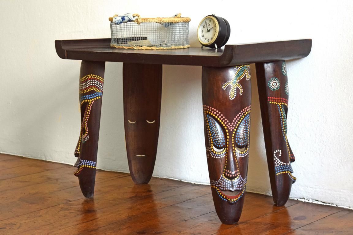 Beistelltisch Aborigines Couchtisch Vintage Teak Holz Alt Antik Maske geschnitzt
