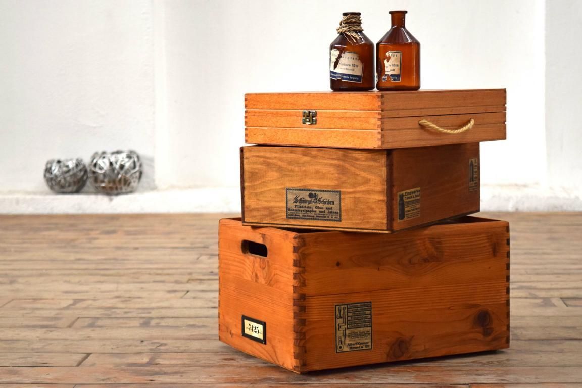 Set 3 x Kiste mit Deckel Holz Antik Alt Vintage Shabby Kasten Uhrmacher Truhe Groß